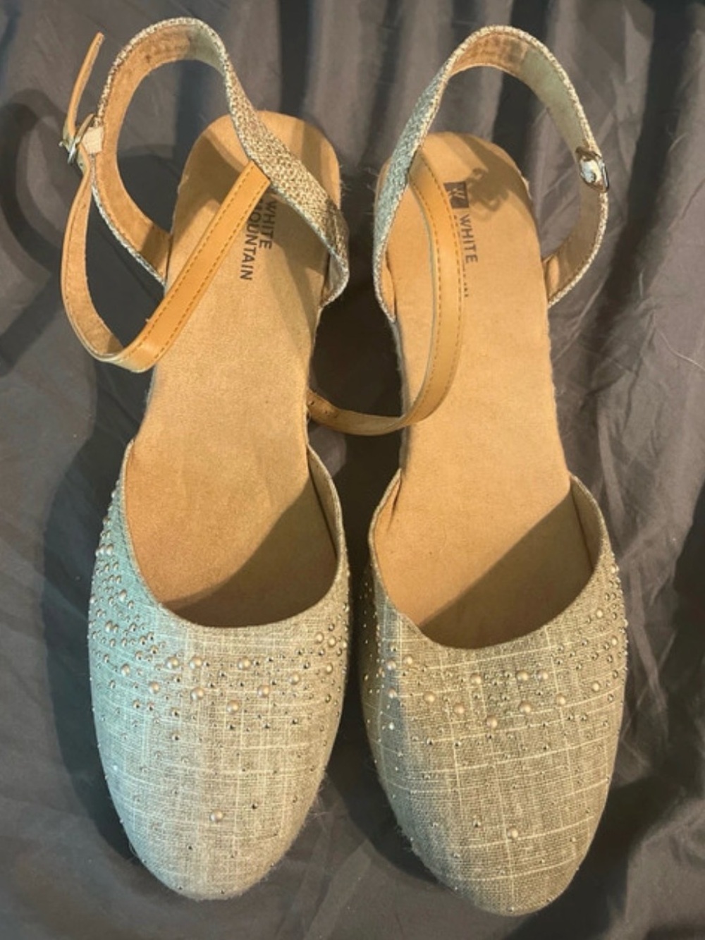 White Mountain Tan Beaded Ankle-Strap Mules